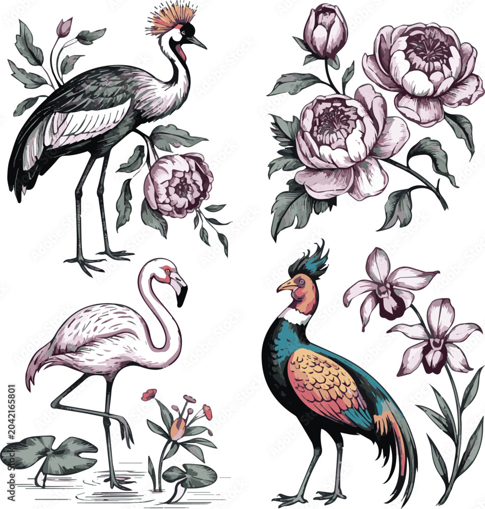 Naklejka premium Isolated on Vintage engrave Crowned Crane and peonies, flamingo and water lily, pheasant and orchid vector art on white background