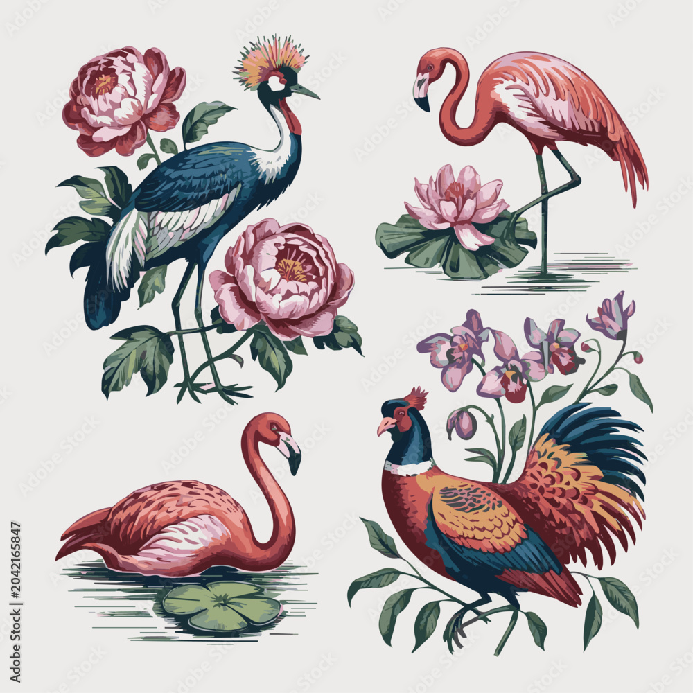 Naklejka premium Isolated on Vintage engrave Crowned Crane and peonies, flamingo and water lily, pheasant and orchid vector art on white background