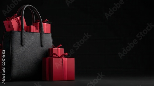 Gift bags and red boxes arranged on a dark background during a special occasion celebration for gifting