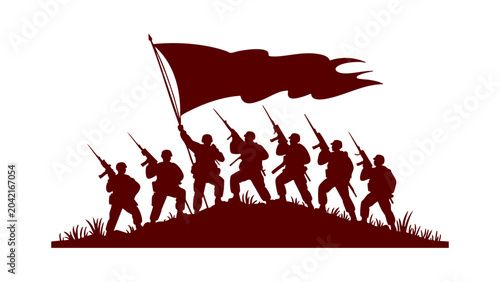 Foto Army Soldiers With Flag Silhouette, Patriotic Military Team Vector, Victory Flag