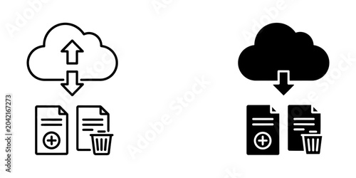 Cloud data synchronization icons with add and delete download document