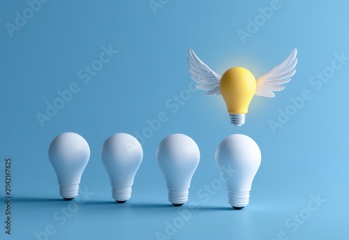 Light bulb with wings floats above white light bulbs on a blue background in a creative workspace setting