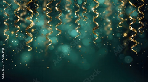 Celebrate with gold streamers and confetti at a festive party atmosphere in the evening hours, perfect for social gatherings and events