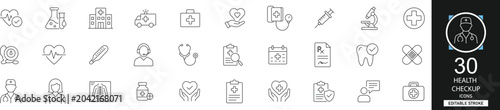 Fotografía Health checkup line icon set with 30 icons medical exam, doctor, heart rate, blood test, stethoscope, patient, wellness, report