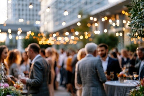Blurred shot of business people at party or corporate event in office center	