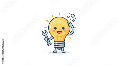 Fotografía Smiling Light Bulb Character Holding Wrench.