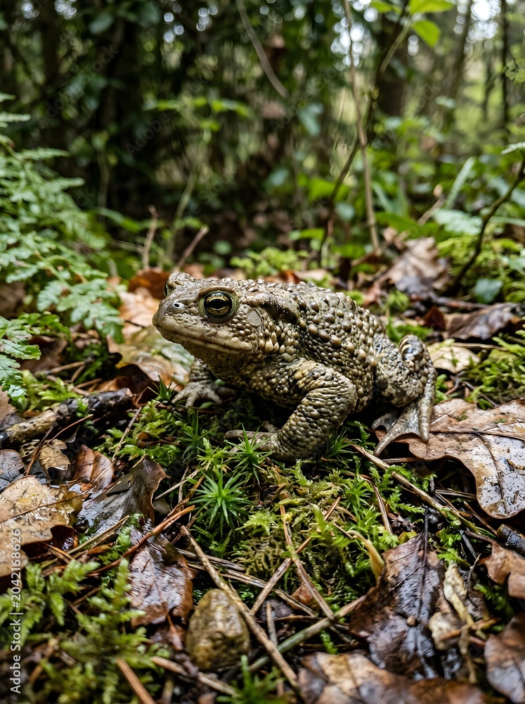 Obraz premium Common European toad sitting on a mossy forest floor.