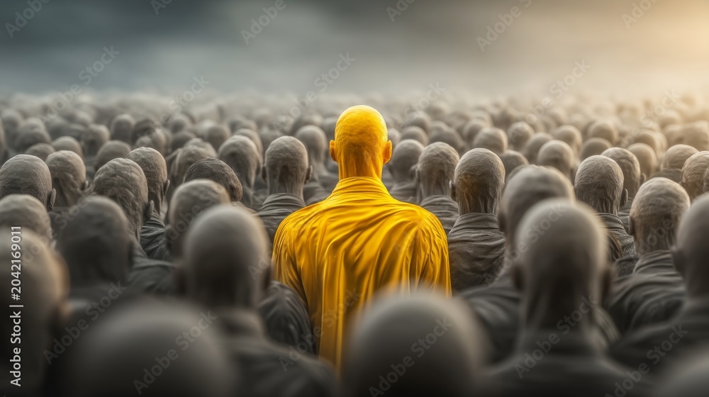 Obraz premium Monk in yellow robes facing large gathering of followers outdoors