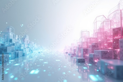 Vibrant Digital Landscape with Blue and Pink Glowing Abstract Structures