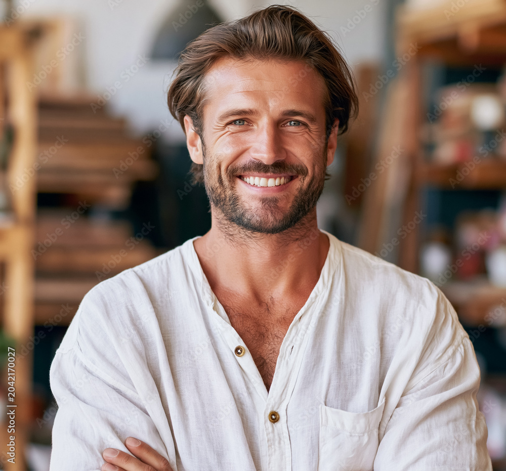 Fototapeta premium Confident male artisan smiling in a workshop, successful small business owner creating and inspiring in a creative space