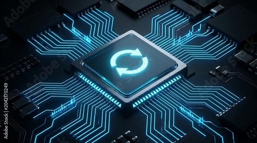 Computer processor with glowing blue refresh sync arrows icon on a motherboard depicting software update and automated data synchronization