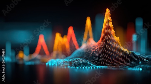 Digital representation of fluctuating data displayed as an abstract three dimensional light pulse graph