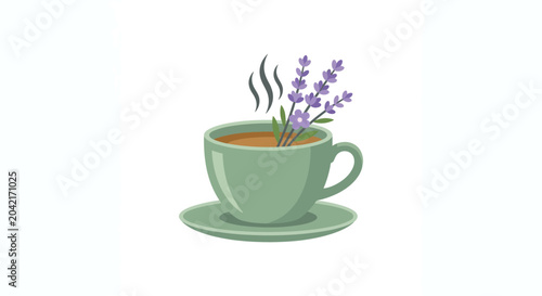Green tea cup with lavender flower.
