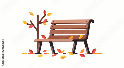 A wooden park bench rests beside a tree with falling autumn leaves
