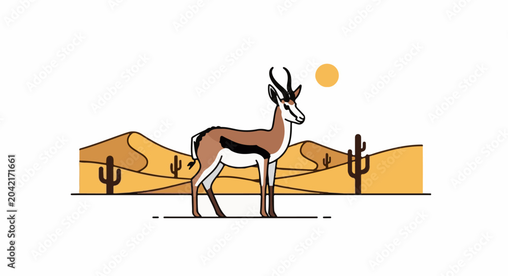 Fototapeta premium Stylized gazelle stands in a desert landscape with cacti and dunes