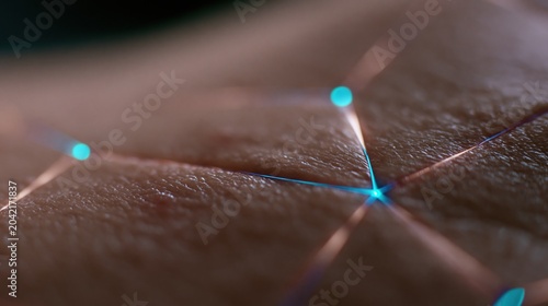 Cybernetic Interface: A close-up macro shot reveals a futuristic cybernetic interface embedded on human skin.