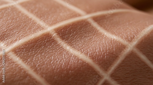 Grid Mark on Skin Texture: Close-up macro shot revealing the delicate texture of human skin imprinted with a grid pattern, highlighting natural lines and contours in a unique visual abstract.