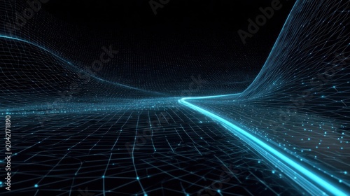 Glowing digital pathway streams across a dark, undulating three dimensional grid surface