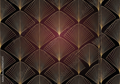 Art deco gold fan pattern on dark burgundy background
