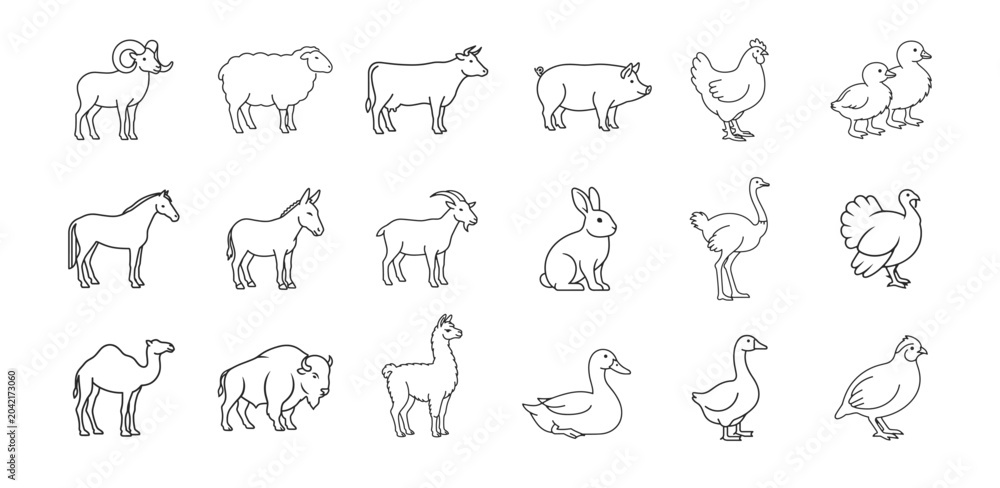 Fototapeta premium Farm animal outline icon set with livestock poultry and editable stroke vector collection