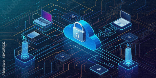 Digital cloud environment featuring secure connections, centralized storage, and real-time cybersecurity monitoring systems.