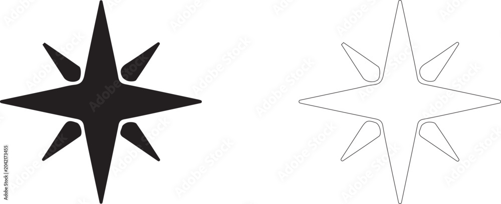 Obraz premium Eight-pointed star vector icon, North Star symbol, sparkle, navigation guide, compass rose and astronomy.