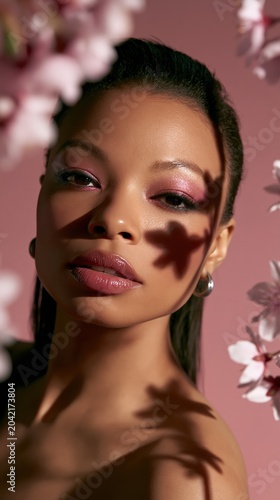 Spring Radiance: A young woman with captivating makeup, framed by delicate cherry blossoms, exudes a serene and elegant beauty against a soft pink backdrop.