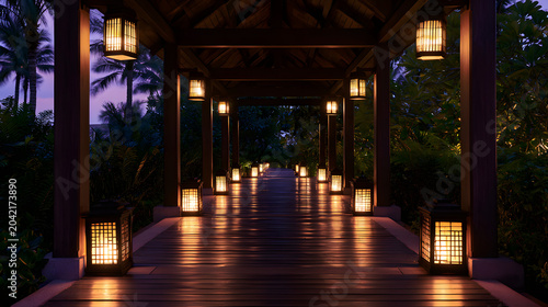 Premium resort garden walkway with warm lantern glow and elegant tropical twilight charm