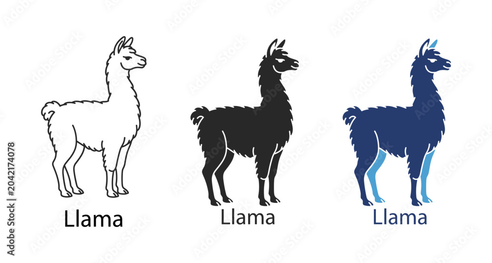 Fototapeta premium Llama icon set with outline and glyph vector camelid animal silhouettes