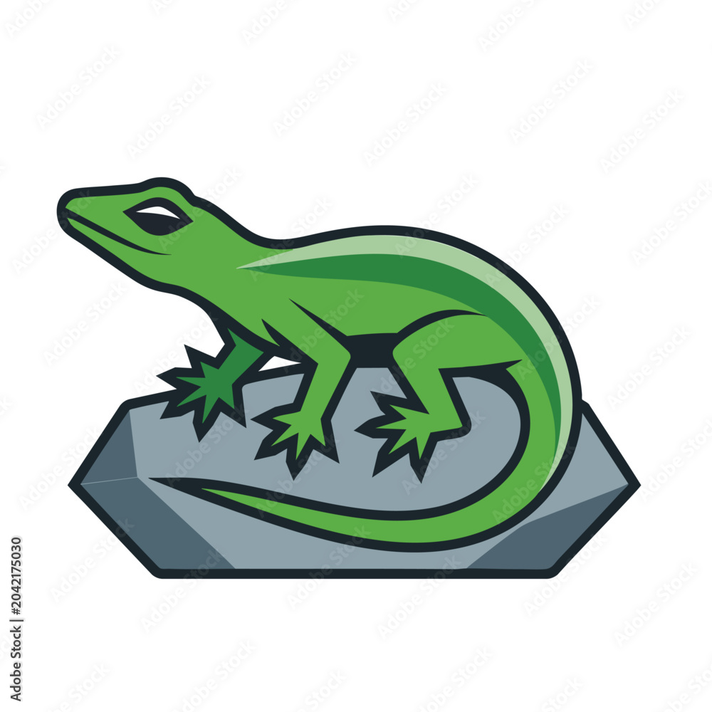 Fototapeta premium Stylized Green Lizard Sitting on a Gray Rock Illustration.