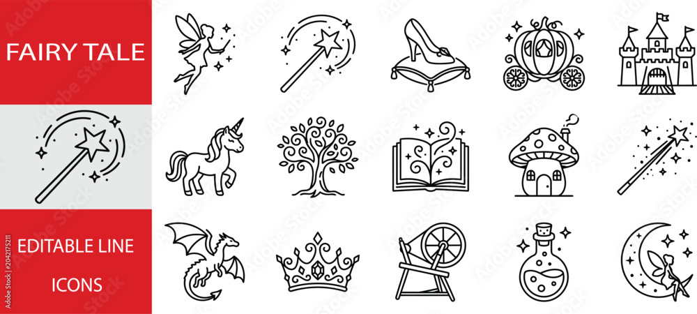 Naklejka premium Fairy tale line icons set, vector illustration of magic elements and fantasy creatures, collection of outline symbols for web design