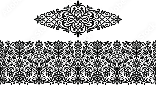 Schilderij op canvas Elegant Black Floral Damask Border and Ornamental Vintage Decorative Pattern Des