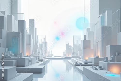 Minimalist Futuristic City with Abstract Architecture and Luminous Reflections