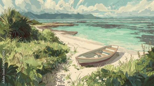 Empty wooden rowboat rests on a secluded sandy shore beside lush tropical foliage near clear turquoise ocean water