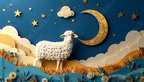 Dreamy night scene with sheep, moon, stars, and clouds.