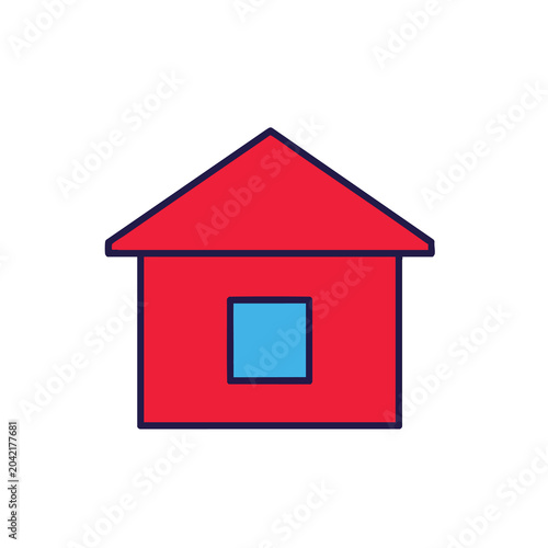Minimalist red house icon with blue window.