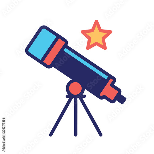 Flat vector illustration of a professional astronomical telescope with a bright star.
