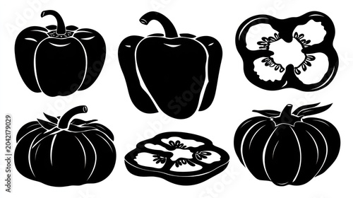 Collection of bell pepper silhouettes shown whole and in cross section