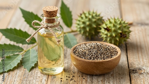A clear glass bottle of castor oil tied with twine, next to a wooden bowl of seeds and green leaves on wood. Soft focus.