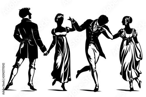 Photos Vector silhouette of four figures in Regency‑era attire, paired in elegant dance