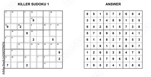 Cuadro en lienzo Killer Sudoku puzzle and its solution on white background