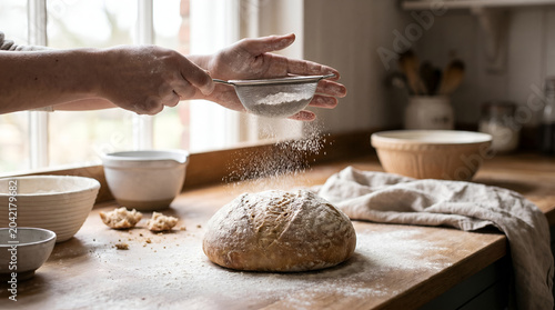 Baker hands sifting flour with a strainer over freshly baked sourdough bread loaf on a wooden kitchen counter
