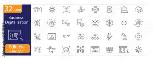 Business Digitalization icons set. Includes digital transformation, automation, cloud technology, data analytics, and smart business symbols. Editable Line icons.

