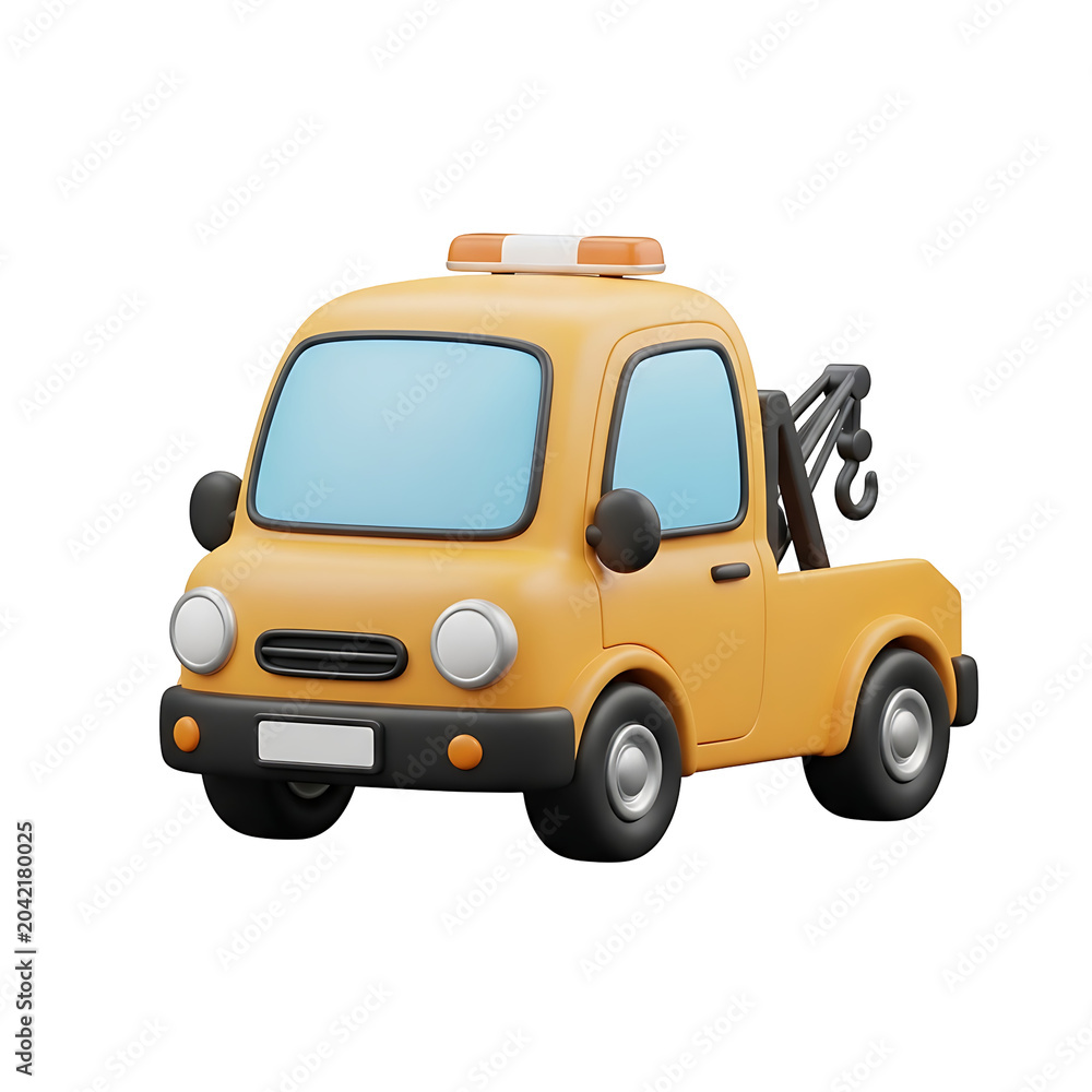 Naklejka premium Bright yellow tow truck with sturdy winch. Simple design, cartoon style, friendly appearance. Perfect for children's media or vehicle-themed illustrations