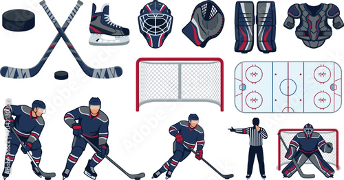 Photography Ice Hockey Player and Equipment Flat Vector Icon Set with Sticks, Skates, Helmet