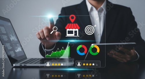 Businessman analyzing digital retail market data and store performance charts