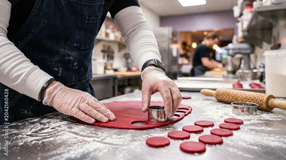 Obraz premium Baker cutting red fondant circles for cake decoration in a professional kitchen.