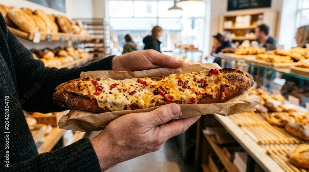 Obraz premium Baker Holding Delicious Savory Pastry in Bakery.