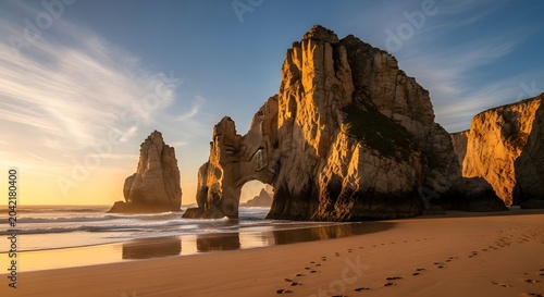 Dramatic rock formations on beach at sunset with landscape seascape formation