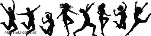 Konstfotografi Happy People Silhouette Set Featuring Men and Women Jumping Dancing and Celebrat